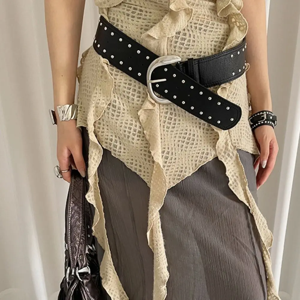 

Adjustable Y2k Women Rivet Belt Vintage Metal Buckle Wide Leather Waistband All Match Jeans Girdle Punk Style Belt Spicy Girls