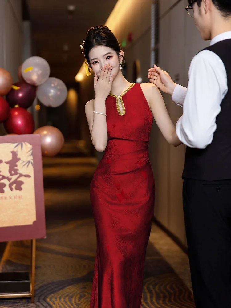 

Red Chinese Sle High End Wedding Dr Ne Hanging Engagement Ceremony Dr Breathable Polyester Fiber Long Skirt