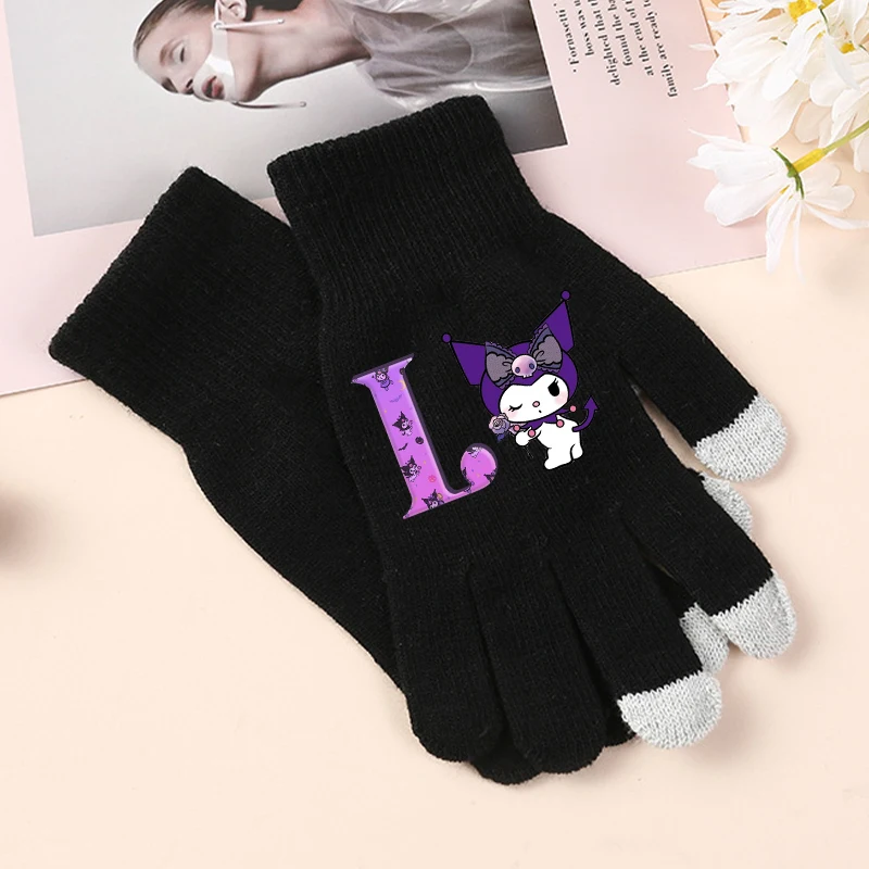 Kuromi Sanrio Girls Gloves Kawaii Cartoon Letter Printed Knitted Gloved Kids Winter Outdoor Warm Glove Children Birthday Gifts