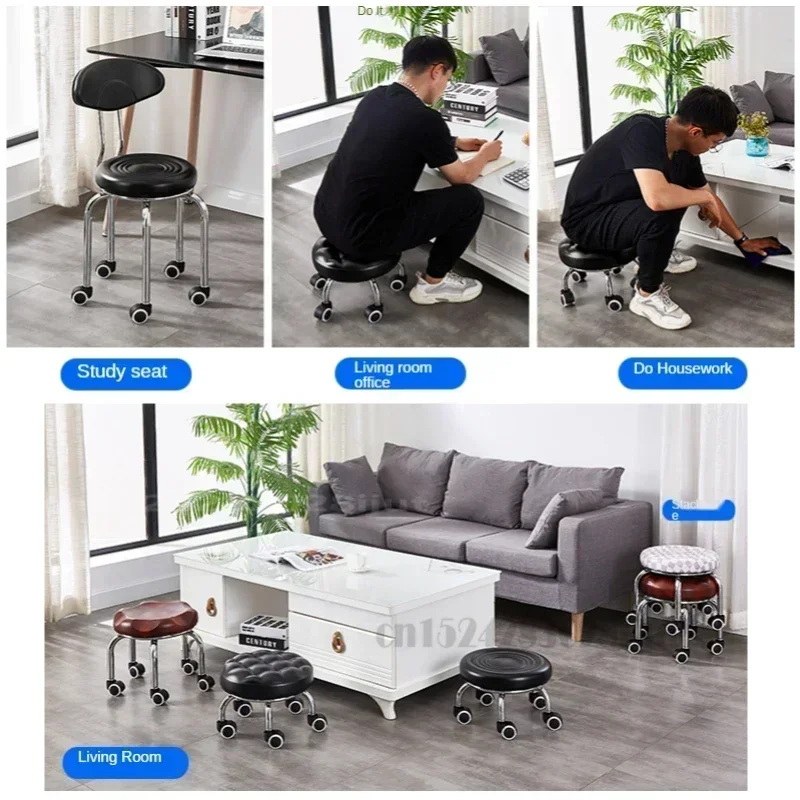 Aluminum Alloy Small round Low Stool with Wheels Home Bench Creative Back Chair Lazy Housework Stools Metal Leg 3 Sizes