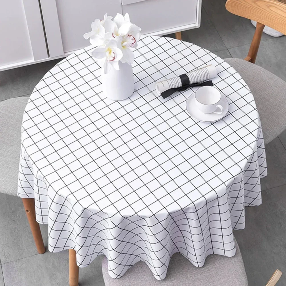 Round Table Cloth Waterproof Vinyl Tablecloths Oil-Proof Checkered Wipeable Covers Table for Kitchen and Dining Room 120cm