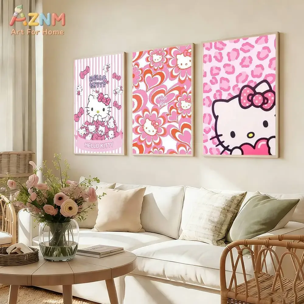 AZNM Hello Kitty Pink Leopard Print Heart Canvas Print Frameless Wall Art Cute Cartoon Poster Girls Bedroom Home Decor Painting