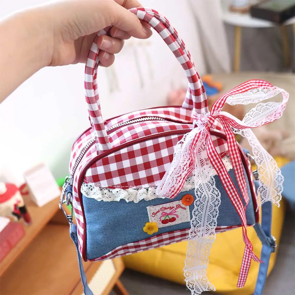 

Vintage Lovely Lattice Bowling Bag Rural Style Bow Denim Plaid Handbag Commuting Leisure Sweet Crossbody Bag Students