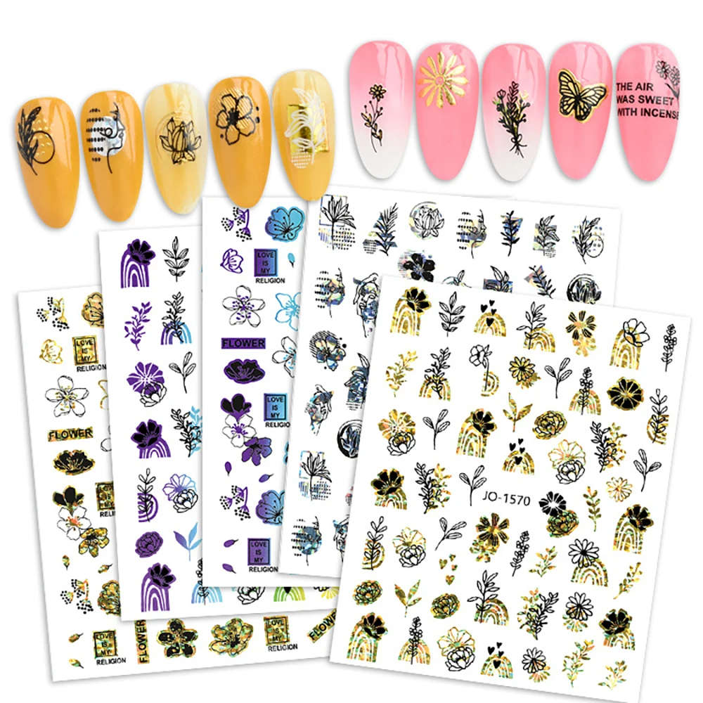 2022 Nail Stickers Laser Sliders For Nails Black Maple Leaves Face Plant Flowers Golden Silver Single Piece Sticker Summer