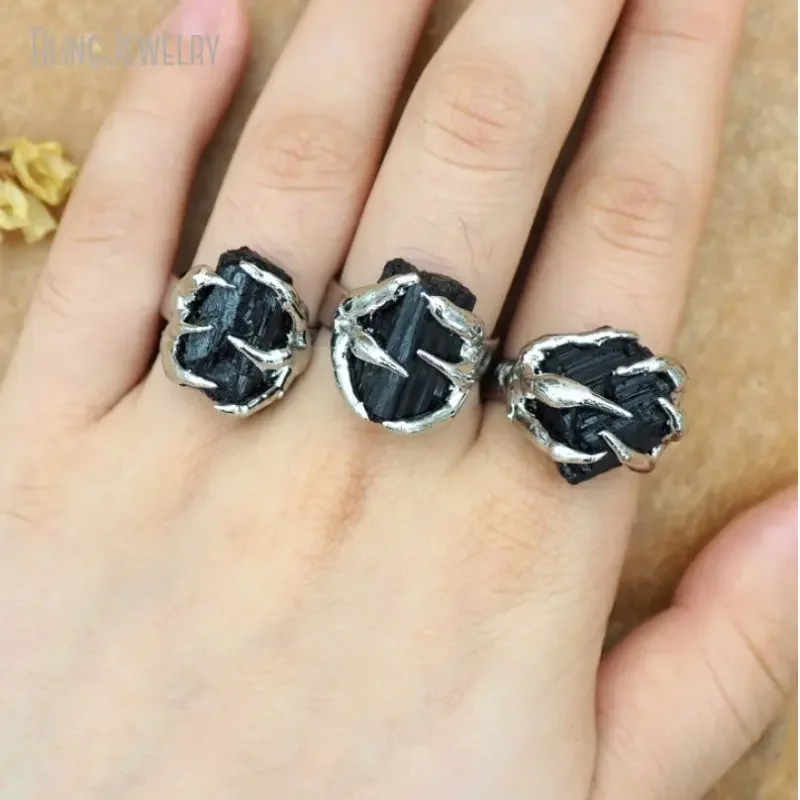 10pcs Claw Black Tourmaline Crystal Gemstone Women Adjustable Ring Goth Witch Boho Talisman Jewelry