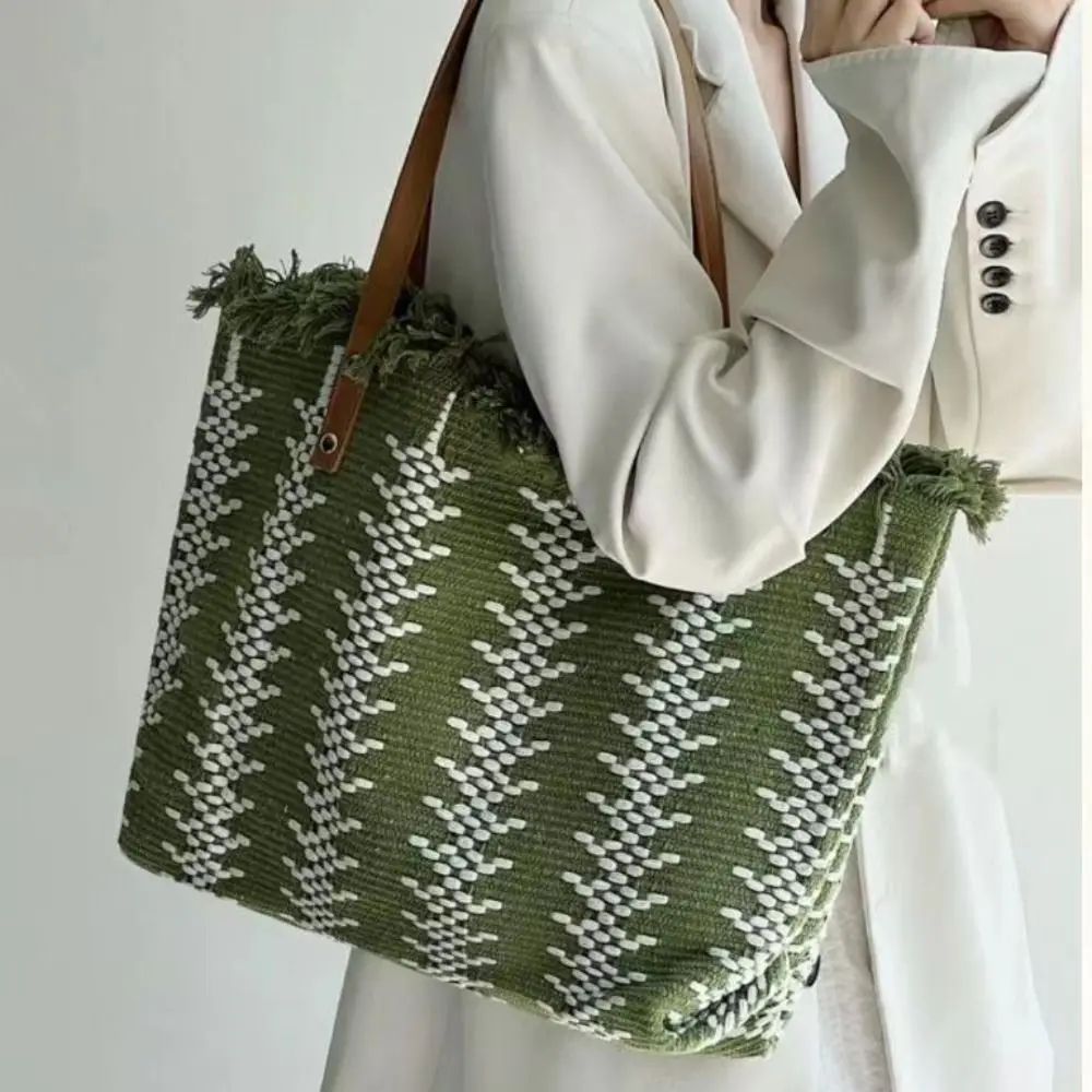 

Casual Printing Tassel Weave Shoulder Bag Korean Large Capacity Canvas Bag Romantic Embroidery StrawTote Bag Beach