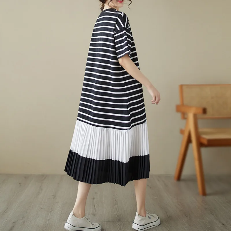 #6643 Black And White Striped T Shirt Dress Women Loose Split Joint Pleated A-line Dress Short Sleeve Summer Tshirt Dress Female