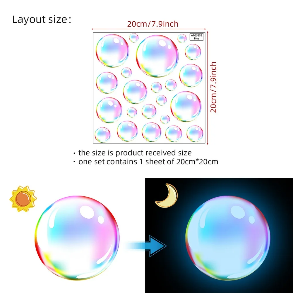 1Pcs 20cm Bubble Stickers Glow In The Dark Blue Cartoon Sea Bubble Wall Sticker Removable Waterproof PVC Decorative Sticker