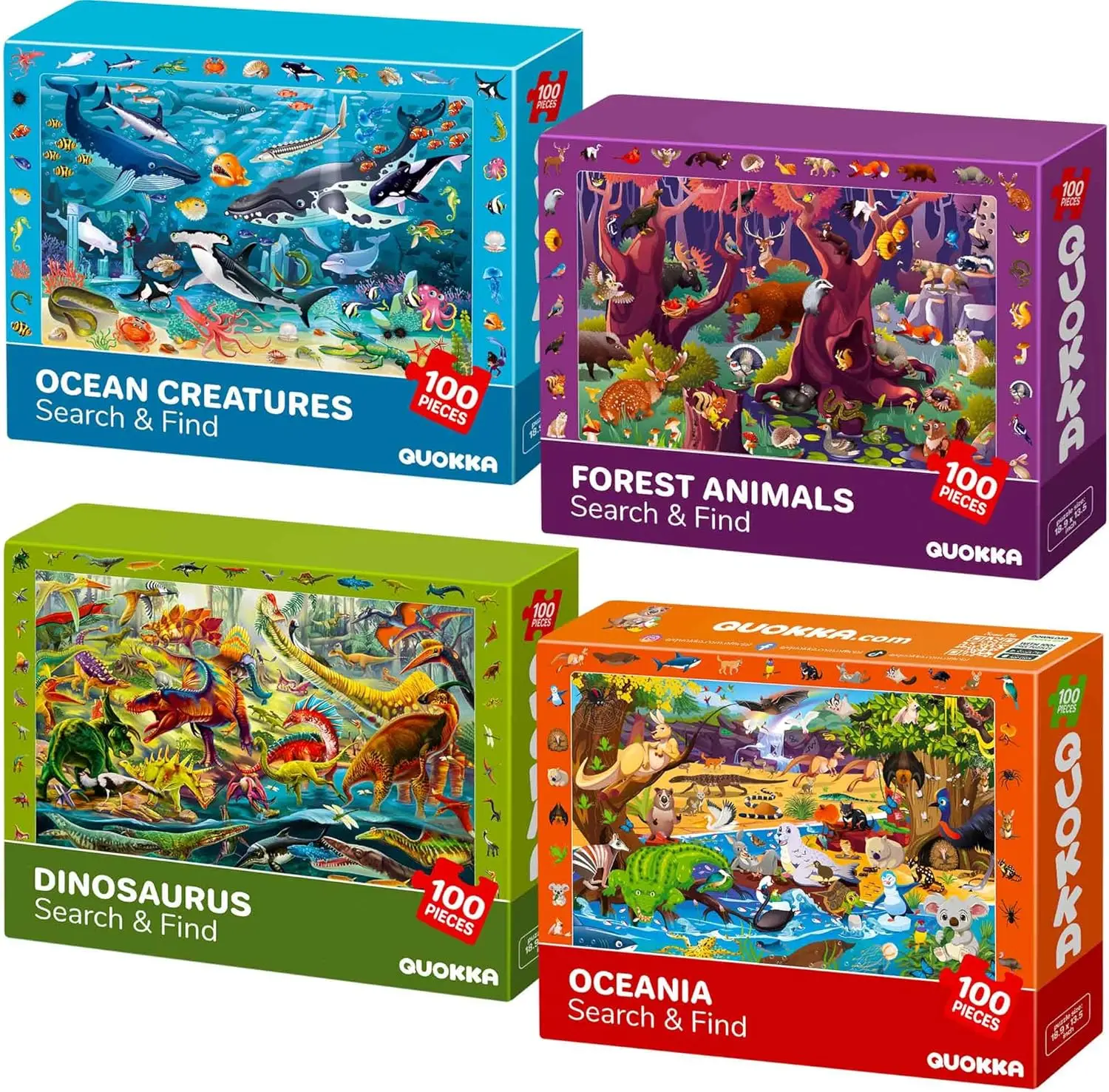 

100 Piece Puzzles for Kids Ages 4-6 - 4 Jigsaw Puzzles for Kids Ages 6-8 - Search and Find Game with Animals, Dinosaurs for Children 5-8 - Learning Educational Toys for Boys and Girls 8-11