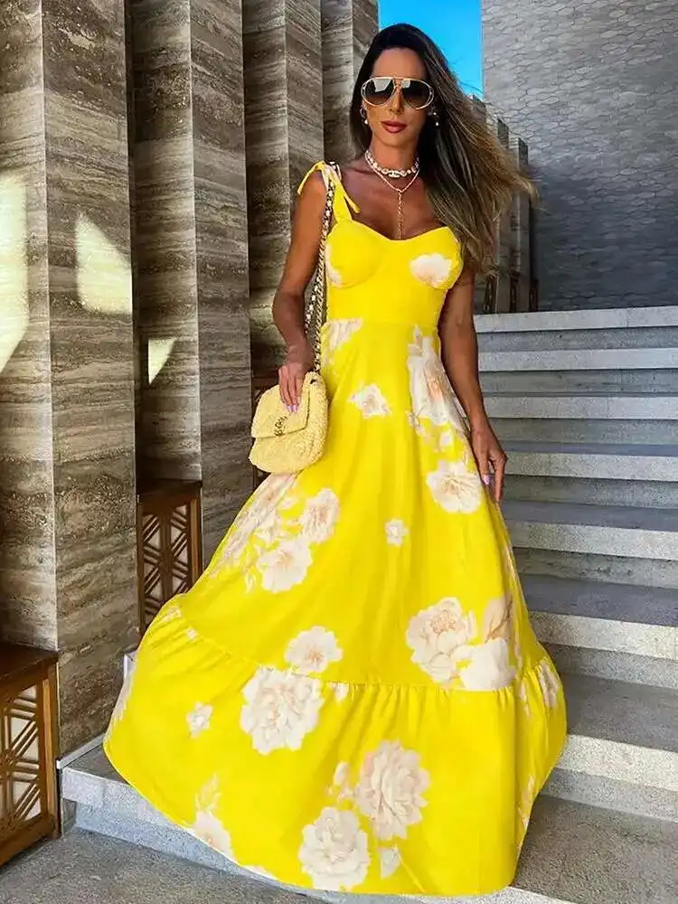 2025 Ral فساتين صفراء مطبوعة للنساء أنيقة بلا أكمام فستان طويل عطلة الدانتيل يصل رداء الصيف Bodycon Vestidos Feminino