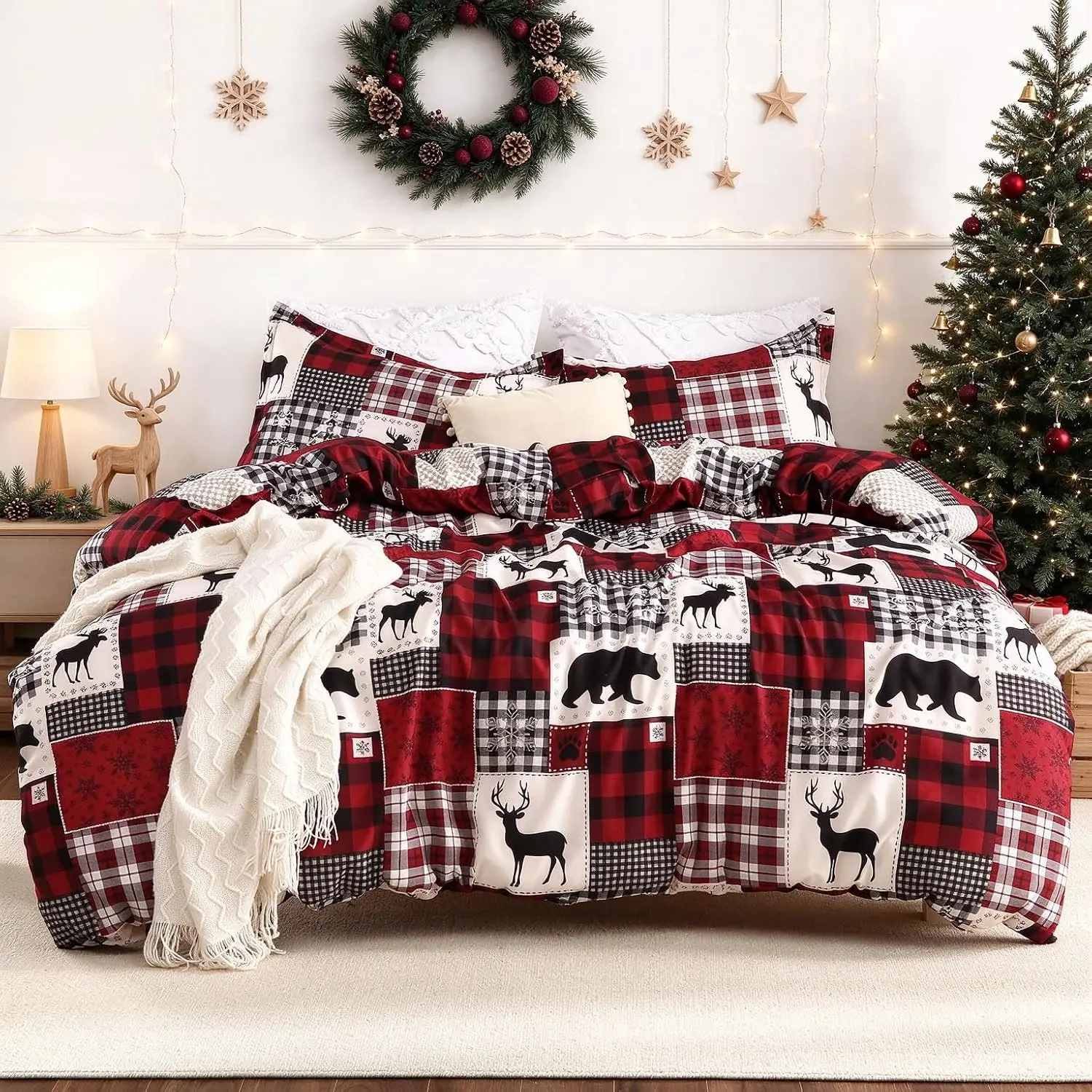 3 piece Christmas Bedding Duvet Cover Queen Plaid Reversible Xmas Christmas Duvet Cover Set with Red black Plaid and Deer Bear Animal Print Washed Cotton Feel, 2 shams.Christmas Gift