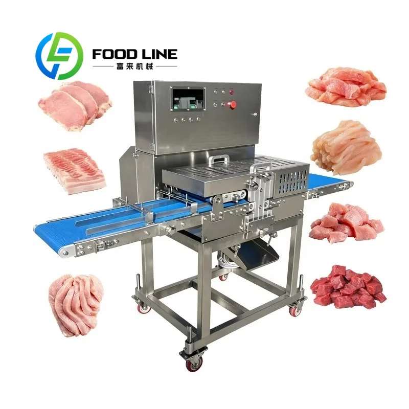 Factory Use Heavy Duty 2.2KW 60 Pcs/min Fresh Chicken Breast Beef Steak Uniform Vertical Slitting Machine With Auto Feeding Belt