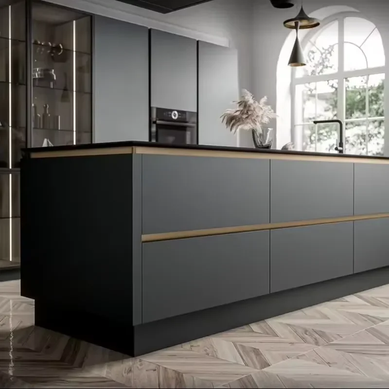 European Modern Black Kitchen Cabinets Custom Design Plywood High End Functional Hardware Kitchen Island