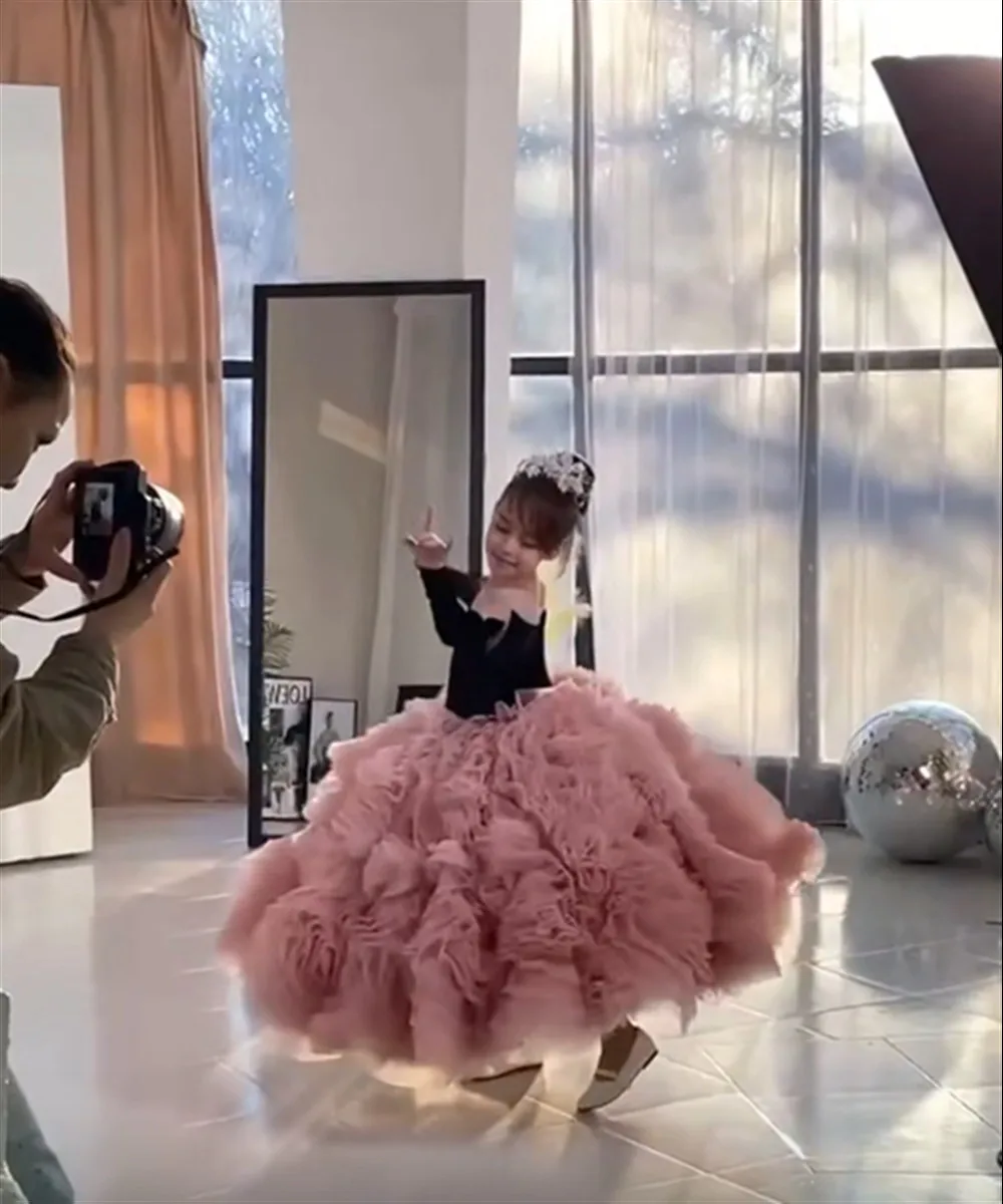 Abito da sposa per ragazza di fiore in velluto di lusso senza maniche fiori principessa abito da festa di compleanno abito da ballo per prima comunione personalizzato