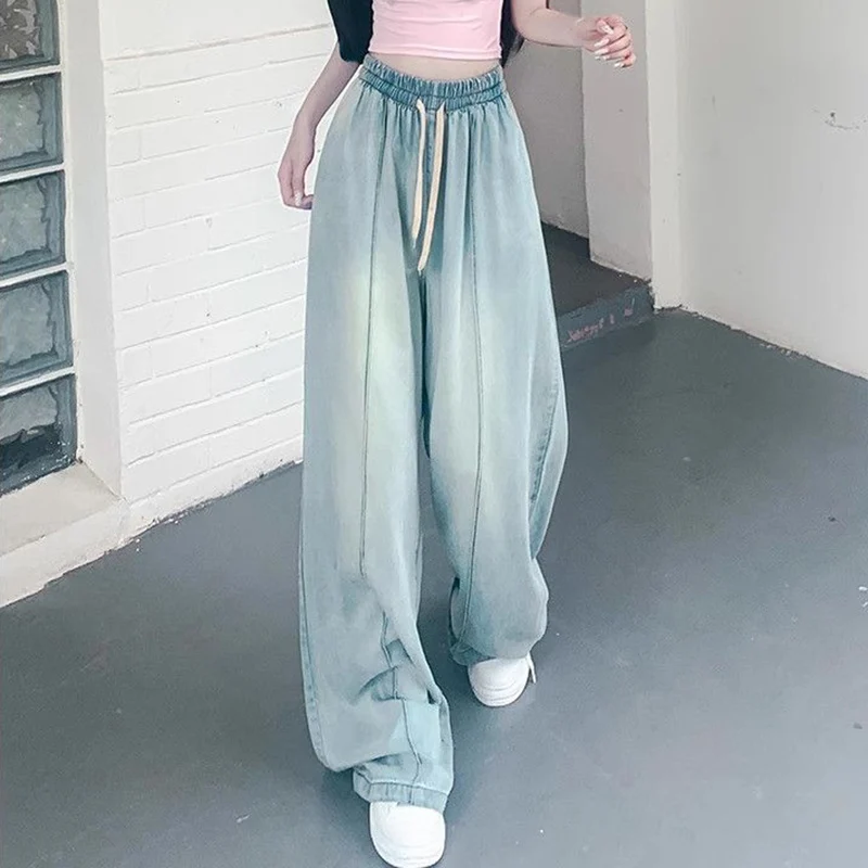 

Fashion High Waisted Wide Leg Jeans For Women 2024 New Elastic Waist Pants Summer Thin Straight Legs Ice Silk Floor Mop Trousers