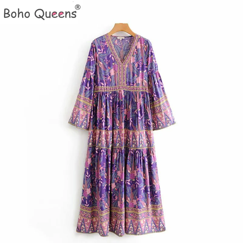 Boho Queens Women Purple Floral Print V-neck Rayon Beach Bohemian Happie Dress Ladies Tassel Lace-up Summer  Maxi Dresses