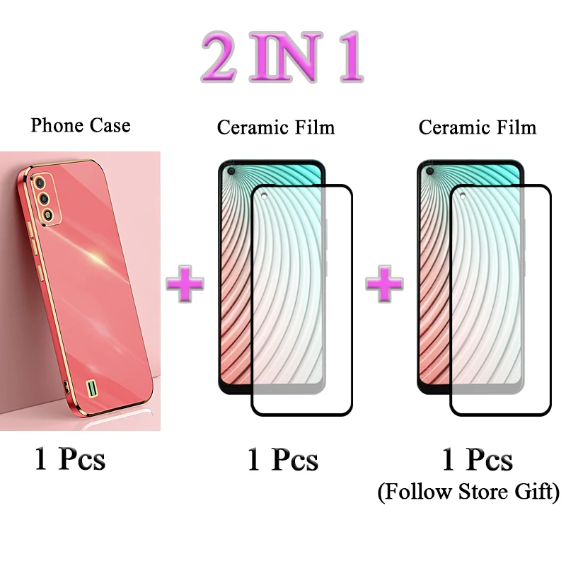 2 IN 1 For ITEL Vision 3 S17 Traight Edge Electroplated Gold Edge Phone Case With Ceramic Screen Protector