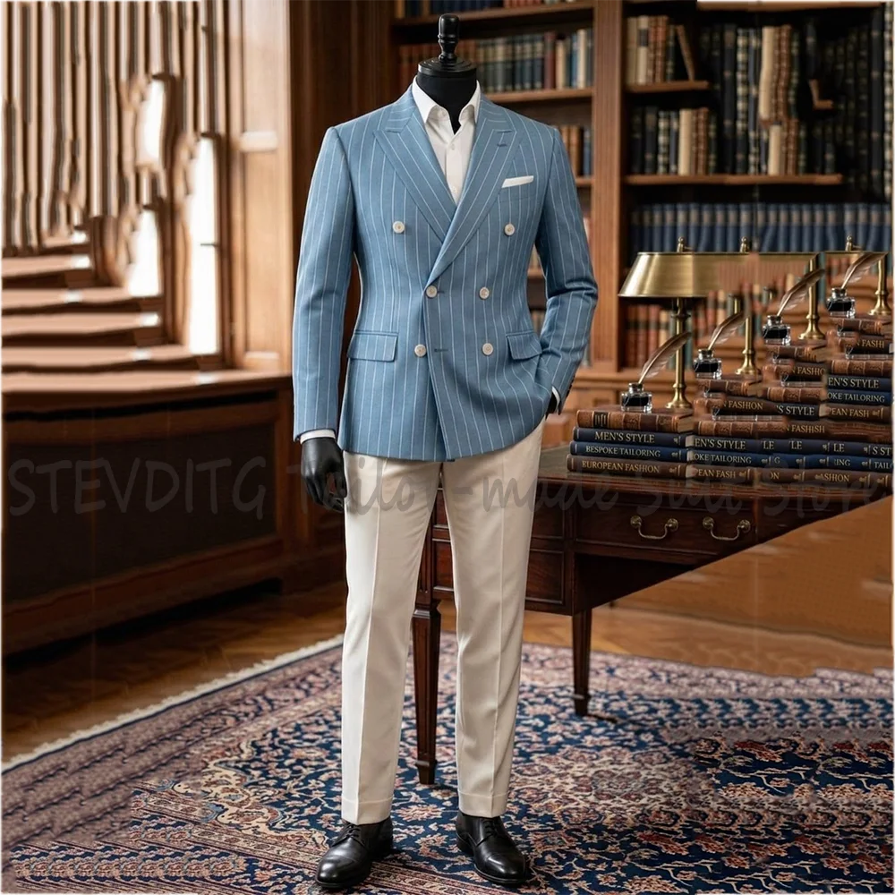 

Light Blue Stripe Double Breasted Men Suit Slim Fit Jacket with Beige Pants Two Piece Tailored Formal Business Prom Party Outfit
