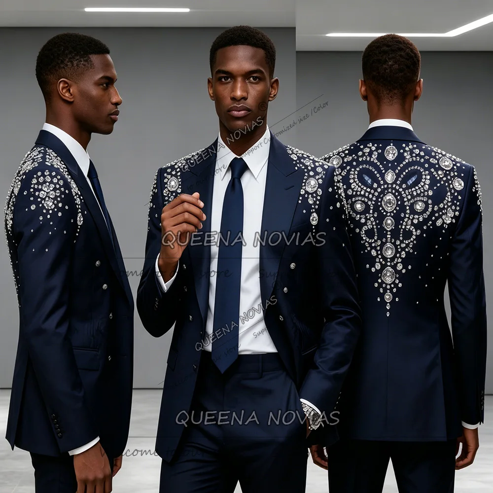 

Luxury Diamond Beaded Men Suit 2 Pieces Groom Blazers Customized Man Fashion Formal Wedding Tuxedos Slim Fit trajes para hombre