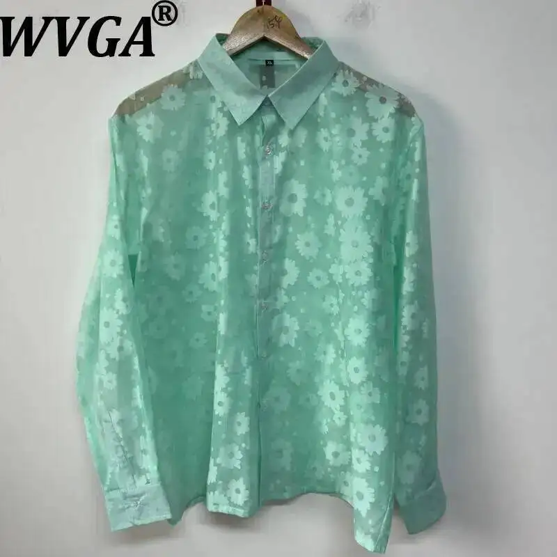

WVGA Summer New Man Printed Organza Loose-fitting Versatile Long Sleeve Shirt Niche Chic Casual Turn-Down Collar Tops Ins W22898