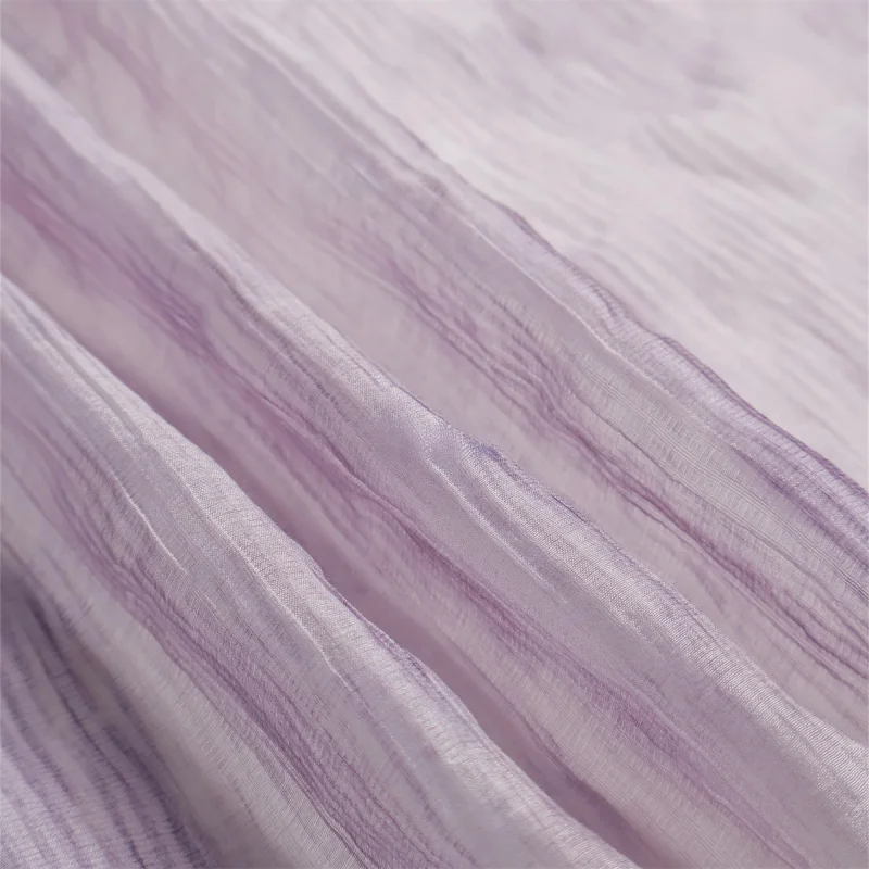 Skin-friendly and semi-transparent  Light purple blue irregularly pleated textured vertical stripe Tencel linen fabric for Hanfu