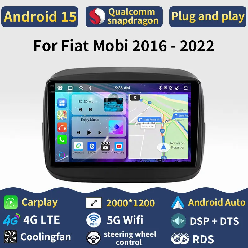 Radio para Auto Android 15 para Fiat Mobi 2016 2017 2018 -2022, Reproductor Multimedia Inalámbrico con Carplay, Navegación, Estéreo, Bluetooth, Cámara 360