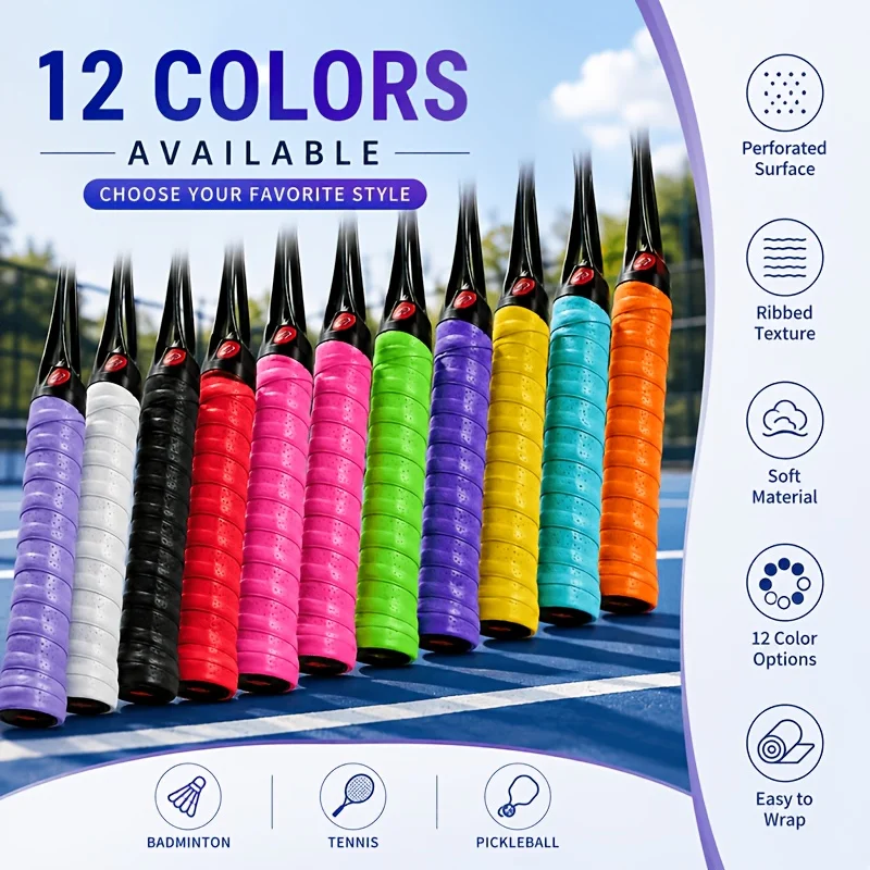 6PCS Tennis Racket Overgrip Tape, Non-Slip Sweat-Absorbing Perforated Grip Wrap, Soft Sports Handle Tape, Multi-Color