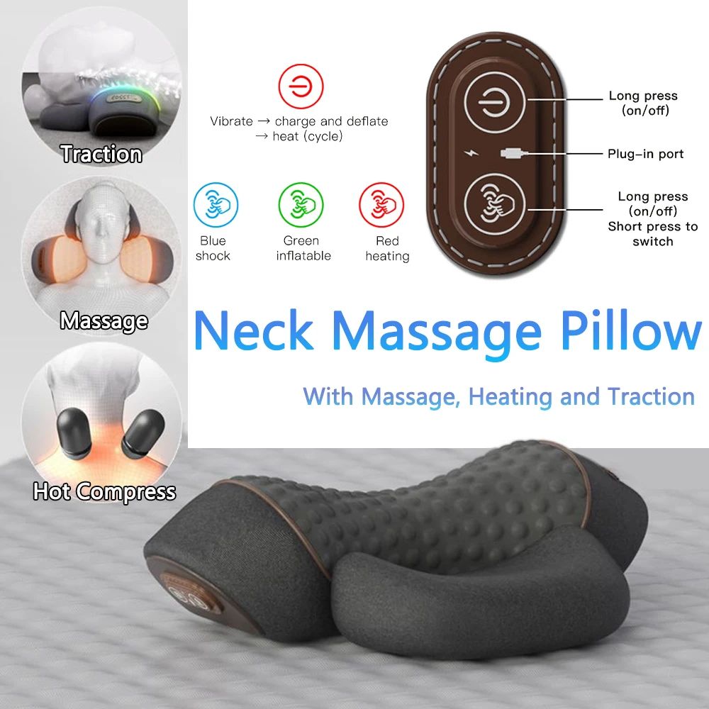 Electric Massage Pillow Vibration Hot Compress Cervical Massager Spinal Traction Device Shoulder Neck Massage Pillow Health Care