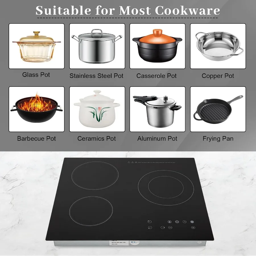 2600W 110V Electric Ceramic Cooktop Portable 3 Burners Built-in Cooktop Sensor Touch Control Countertop Electric Hot Plate with