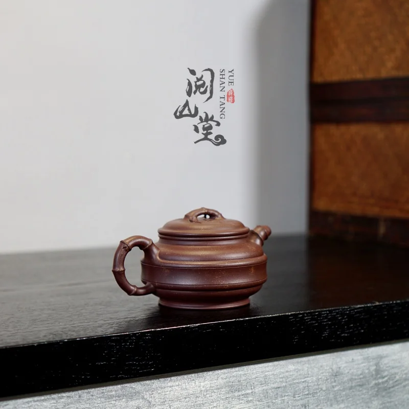 ★★★Yueshan Hall | Double-Line Bamboo Drum Pot Crude Ore Old Purple Clay Sand Laying Chinese Worker Qi Liyun's Works Hand-Made