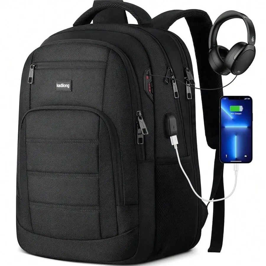 17.3 Inch Laptop Backpack For Men Women USB Charging Port College Work Business School Bag Black