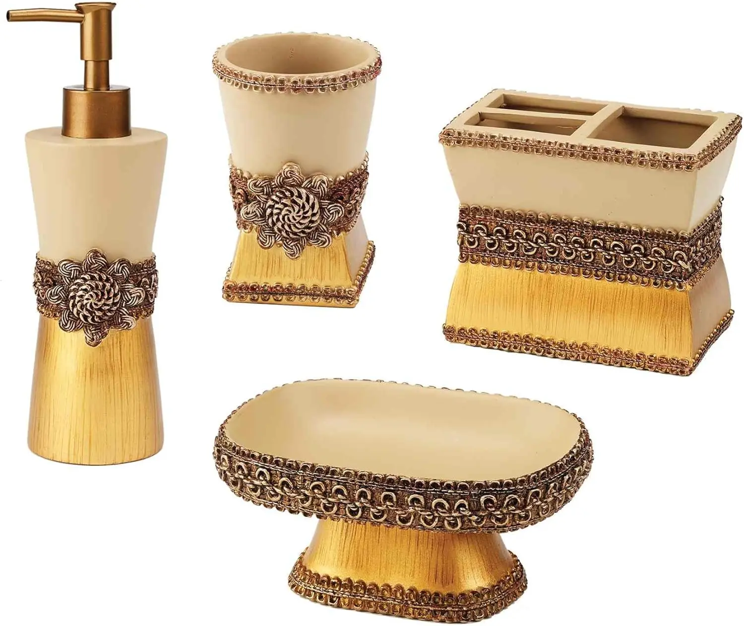 

- Accessory Set, Resin Tumbler, Toothbrush Holder, Soap Dish & Lotion Pump, Durable Bath Decor (Braided Medallion