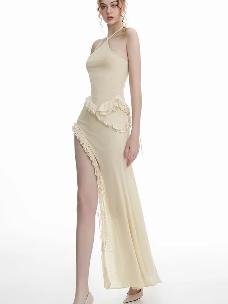 Weird Puss Lace-Up Halter Dress Women Sexy Lace Patchwork Tassel See Through Backless Side Slit Midnight Clubwear Party Vestidos