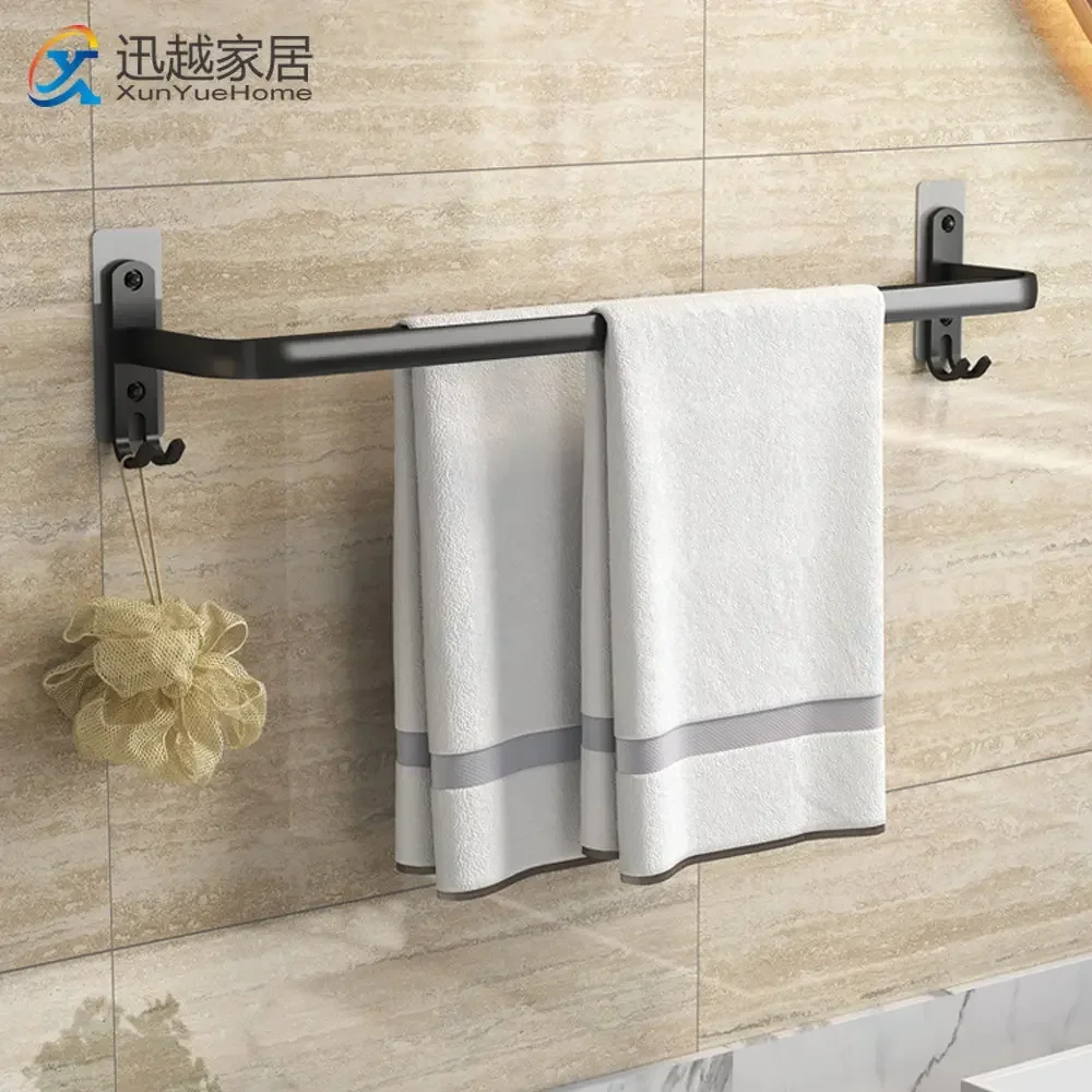 Towel Bars 50-60 CM Colthes Holder Bathroom Accessories Bath Wall Sticker Rail Shower Hanger With Hook Black Bar Aluminum Shelf