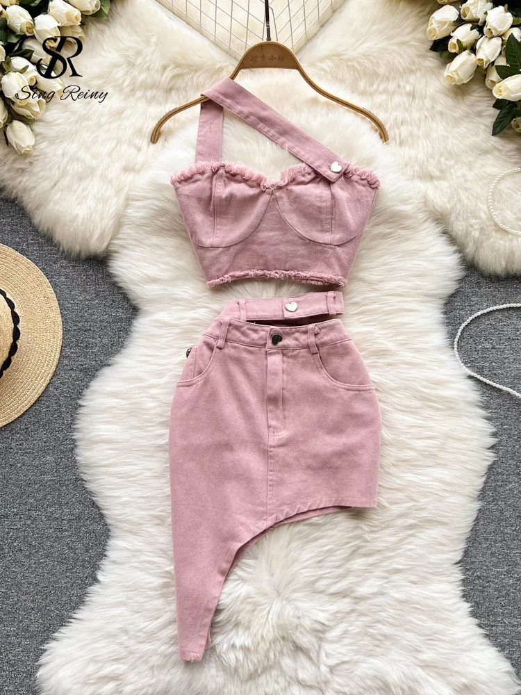 Babyoung Denim Pink Sexy Women Sets Zipper Sashes Button Pocket Irregular Strapless Backless Top Denim Skirt Two Piece Set