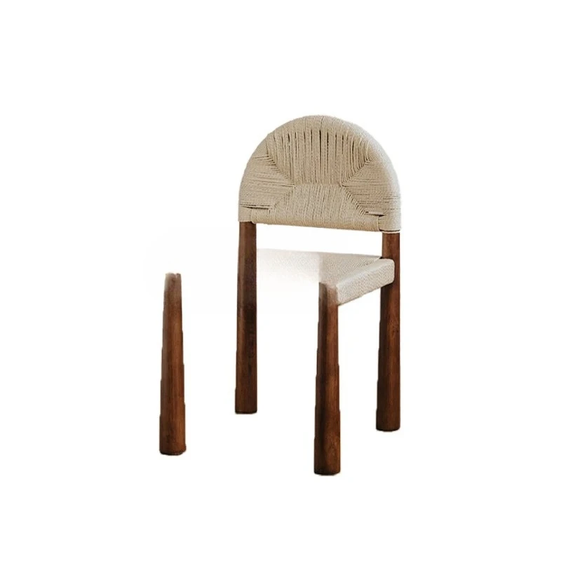 Mittelalterlicher Massivholz-Seilstuhl, Café, lässiger Esszimmerstuhl mit Rattan-Rückenlehne