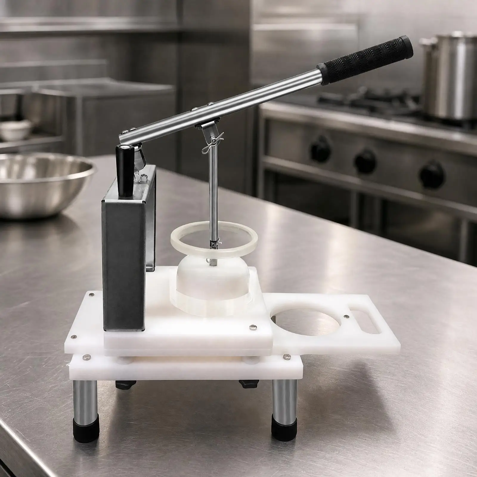 Meat Press Tool for Burger Patties with Non Slip Black Rubber Feet and Circular Opening Tray for Efficient Kitchen Prep