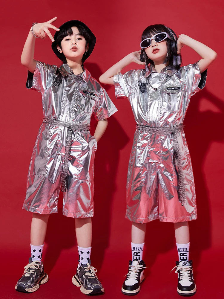 2024 New Sliver Jumpsuit Jazz Modern Dance Costumes For Girls Street Dance Wear Boys Hip Hop Dance Performance Clothes DQS16190