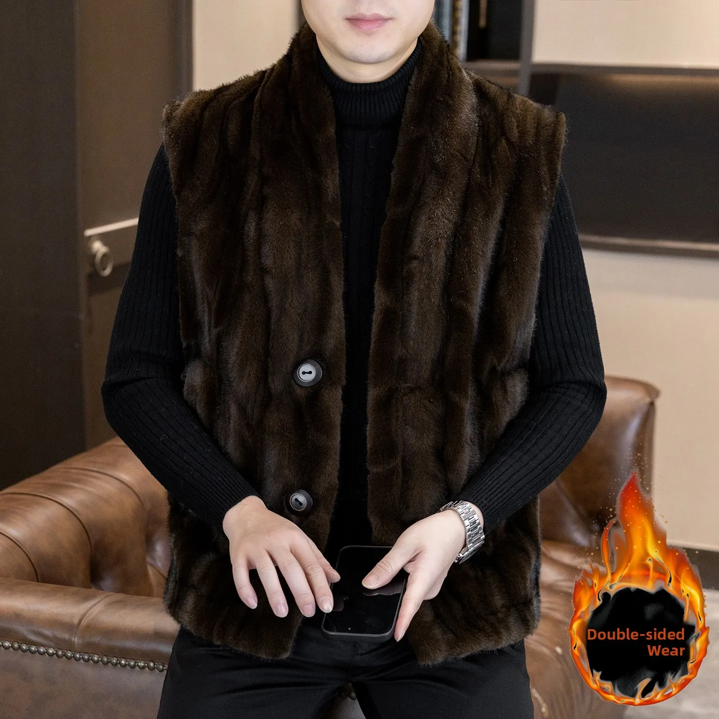 Men's Faux Fur Mink Vest Thiened Leather And Fur Inteated Jaet Youth Trendy Winter Outerwear Stand Fit Single Button