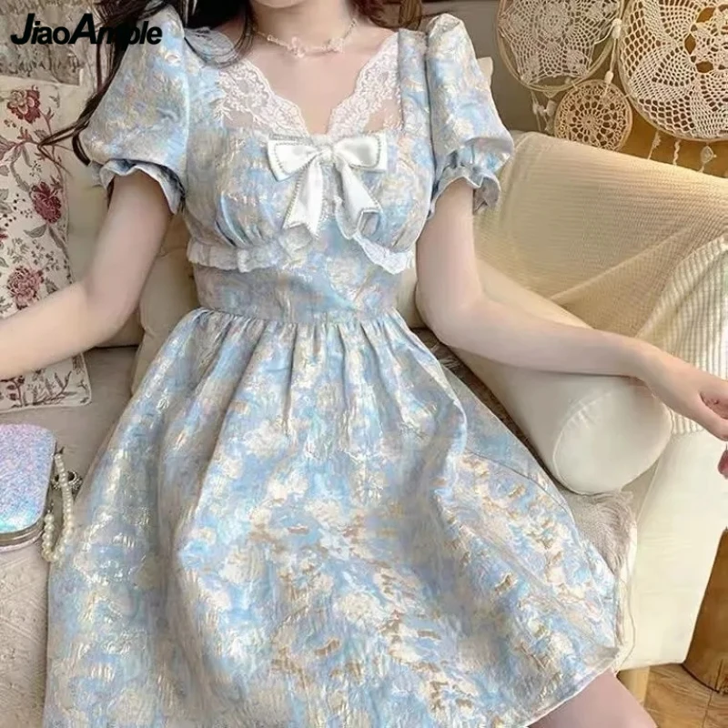 

2024 Summer Women Sweet Bowknot Mini Dress Lady Lolita Style Blue Lace Patchwork Dresses Dinner Party Graceful Gown Female