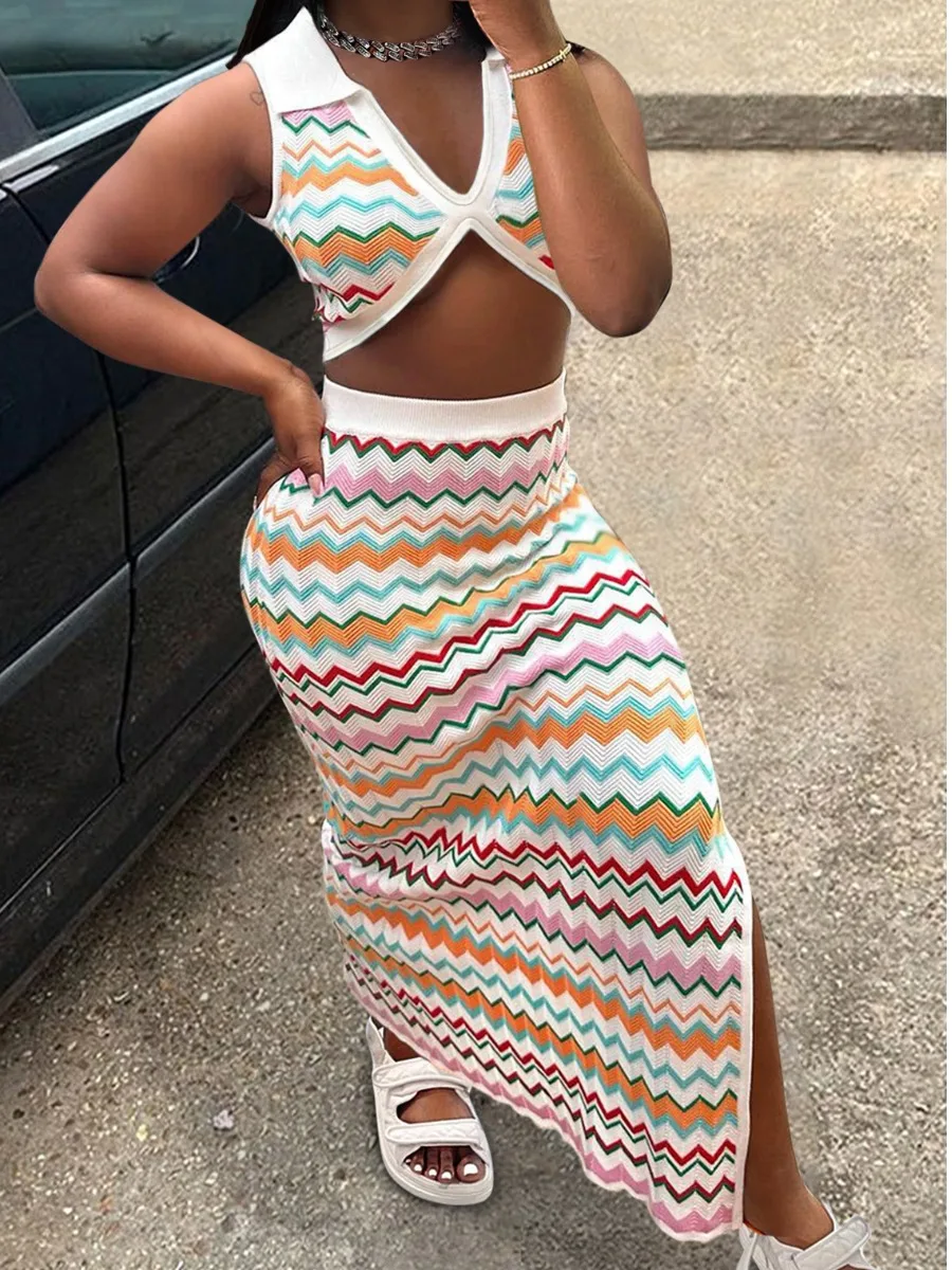 LW Crop Top Geometric Pattern Skirt Set Two Pieces Outfits for Women Sleeveless V Neck Crop Tops & Maxi Skirt Matching Suit