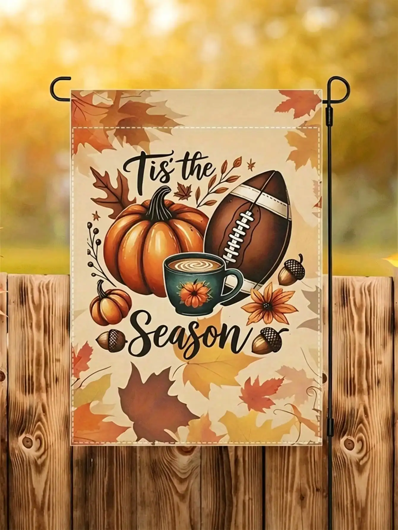 1pc Autumn Garden Flag With Pumpkin, Football, Hot Drink Cup, Acorn, And Autumn Leaves, Iconic Fall Patterns For Harvest And Leisure Season, 12x18 Inches, Suitable For Home, Outdoor, Yard, And Porch Decor (Flagpole Not Included), Fall Decor