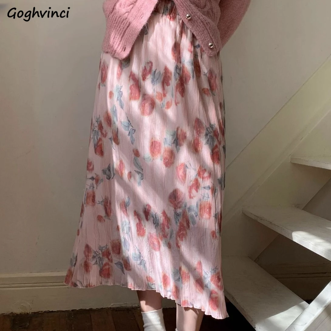 

French Floral Skirts Women Autumn High Waist Loose Sweet Girl Fashion Y2k Midi Vintage Elegant Tender Ulzzang Cozy All-match Ins