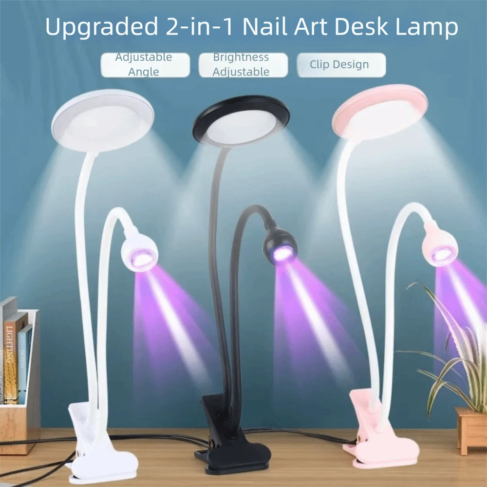 Dubbele kop LED-tafellamp Nachtlampje USB-cliplamp Zwanenhals Nagellamp Slaapzaallamp Flexibele UV-uithardbare violette lamp Bureau