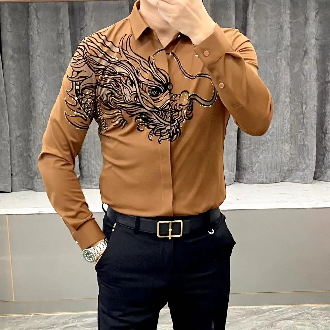 Spring Autumn Men's Shirt Casual Versatile Luxury Ancient Style Explosive High End Dragon Head Printed Long Sleeve Shirt