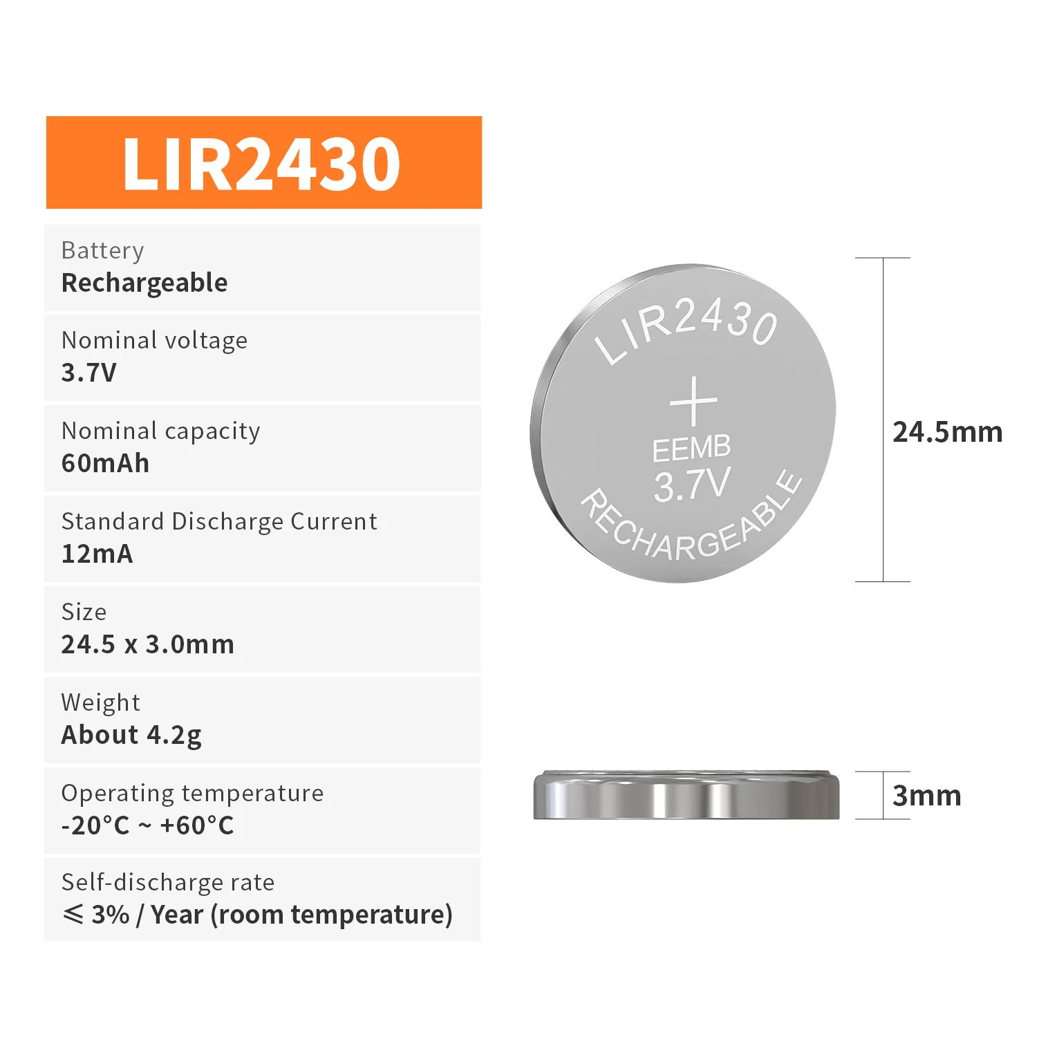 EEMB LIR2430 3.7V 95mAh Rechargeable Lithium-ion Coin Cell Battery with Charger for Key Fob, Sensor, Earphone Wearable Devices