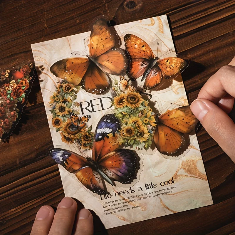 1/8pc 나비 식물 장식 스티커, 접착 뒷면이 있는 PET 소재로 제작, DIY 공예품 장식에 적합