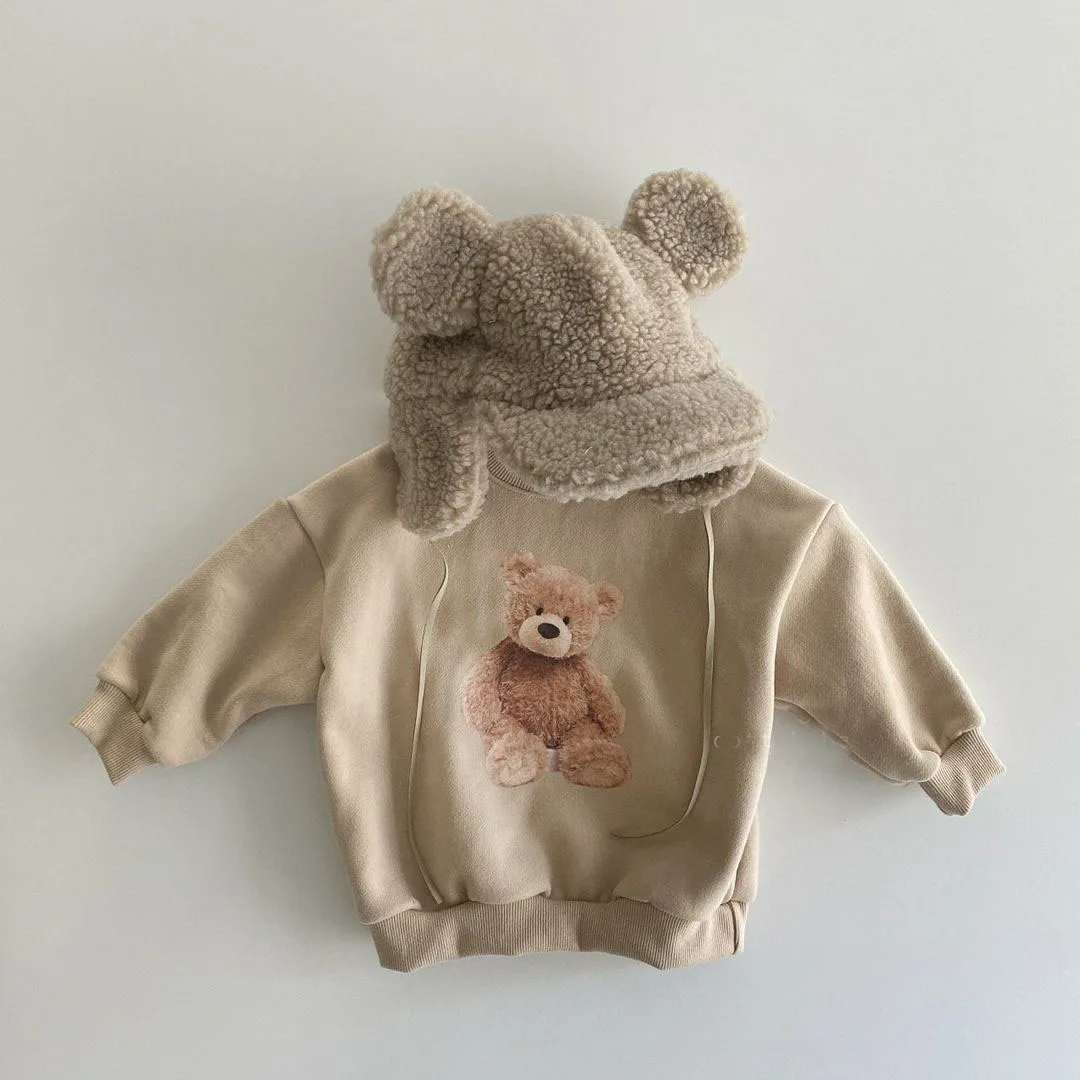 Baby Hoodies Cartoon Bear Tops Spring 2024 Korean Head Cute Embroidered Boys Sweatershirt Round Neck Girls Pullover Clothes