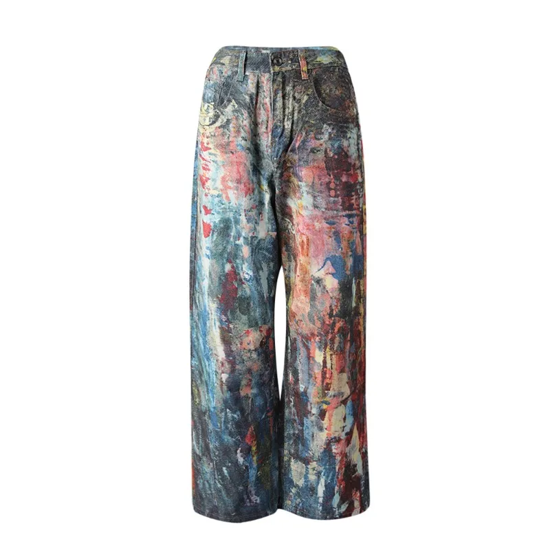 

Джинсы женские в стиле ретро, осенняя новинка, с эффектом граффити и разводов, широкие прямые брюки в европейском и американском стиле.