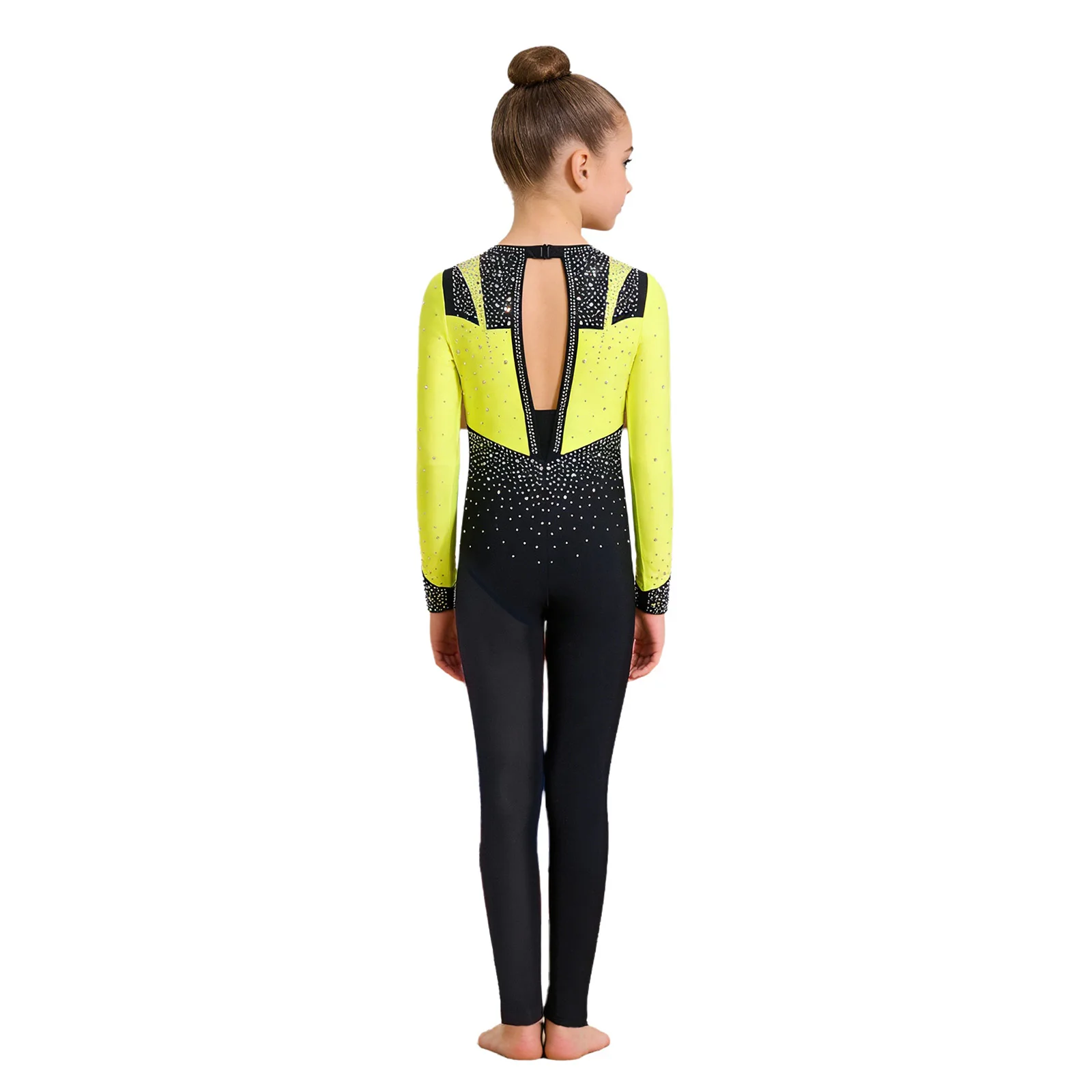 Kids Girls Gymnastics Jumpsuit Figure Skating Dance Performance Costume Shiny Rhinestones Long Sleeve Keyhole Back Bodysuit